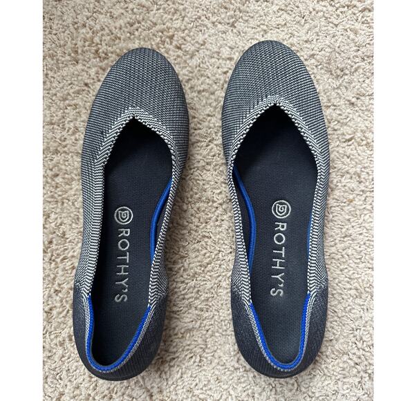 Rothy's Round Toe Birdseye Flat Shoes Knit Black White Blue Trim Women's Size 9 - Picture 3 of 8